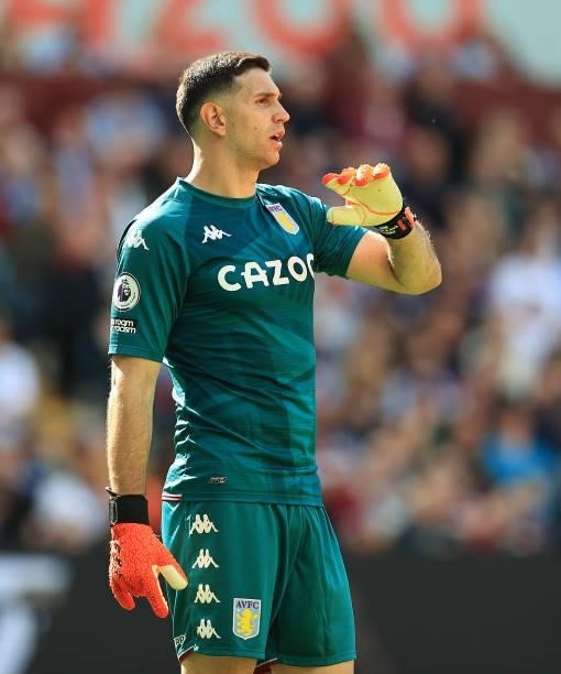 Emiliano Martinez of Aston Villa looks on during the Premier League match between Aston Villa and Brentford at Villa Park on August 28, 2021 in...