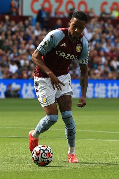 Ezri Konsa of Aston Villa runs with the ball during the Premier League match between Aston Villa and Brentford at Villa Park on August 28, 2021 in...