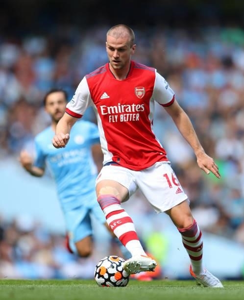 Rob Holding of Arsenal during the Premier League match between Manchester City and Arsenal at Etihad Stadium on August 28, 2021 in Manchester,...