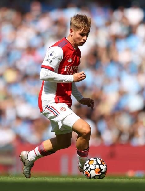 Emile Smith Rowe of Arsenal during the Premier League match between Manchester City and Arsenal at Etihad Stadium on August 28, 2021 in Manchester,...