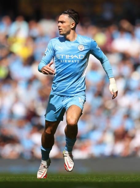 Jack Grealish of Manchester City during the Premier League match between Manchester City and Arsenal at Etihad Stadium on August 28, 2021 in...