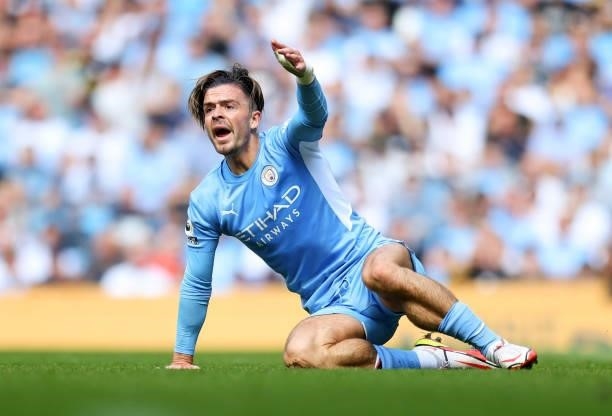 Jack Grealish of Manchester City reacts during the Premier League match between Manchester City and Arsenal at Etihad Stadium on August 28, 2021 in...