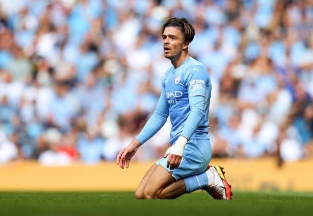 Jack Grealish of Manchester City reacts during the Premier League match between Manchester City and Arsenal at Etihad Stadium on August 28, 2021 in...