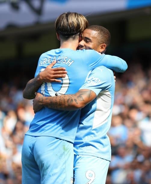Jack Grealish of Manchester City celebrates with Gabriel Jesus of Manchester City during the Premier League match between Manchester City and Arsenal...