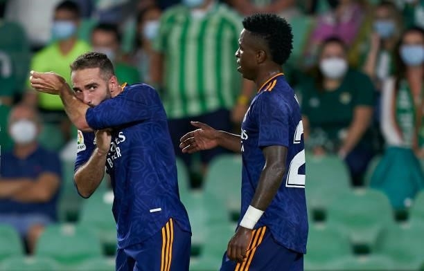 Daniel Carvajal of Real Madrid celebrates after scoring his team's first goal during the La Liga Santander match between Real Betis and Real Madrid...