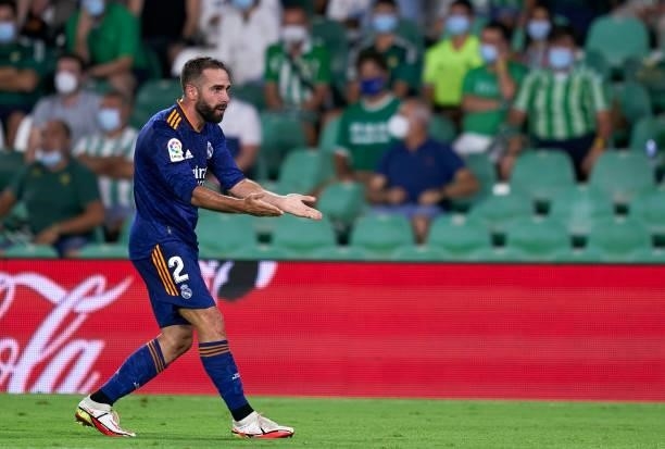 Daniel Carvajal of Real Madrid celebrates after scoring his team's first goal during the La Liga Santander match between Real Betis and Real Madrid...
