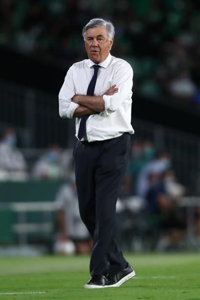 Carlo Ancelotti, Head Coach of Real Madrid looks on during the La Liga Santander match between Real Betis and Real Madrid CF at Estadio Benito...