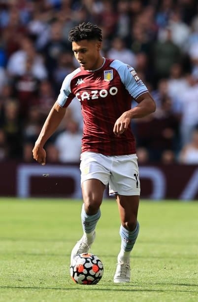 Ollie Watkins of Aston Villa runs with the ball during the Premier League match between Aston Villa and Brentford at Villa Park on August 28, 2021 in...