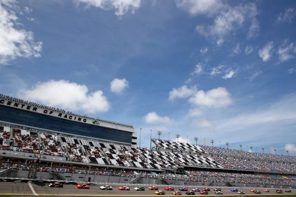 General view of racing during the NASCAR Xfinity Series Wawa 250 at Daytona International Speedway on August 28, 2021 in Daytona Beach, Florida.
