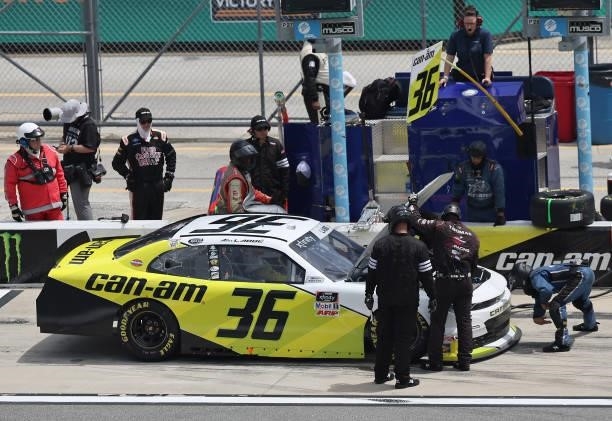 Alex Labbe, driver of the Can-Am Chevrolet, pits during the NASCAR Xfinity Series Wawa 250 at Daytona International Speedway on August 28, 2021 in...