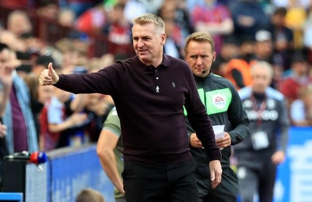 Dean Smith, the Aston Villa head coach looks on during the Premier League match between Aston Villa and Brentford at Villa Park on August 28, 2021 in...