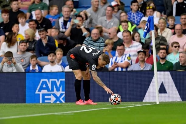 Lucas Digne of Everton prepares to take a corner after the Premier League match between Brighton & Hove Albion and Everton at American Express...