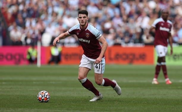 Declan Rice of West Ham United during the Premier League match between West Ham United and Crystal Palace at London Stadium on August 28, 2021 in...