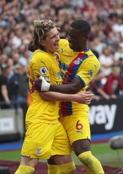 Marc Guehi of Crystal Palace congratulates Conor Gallagher of Crystal Palace who scored his team's second goal during the Premier League match...