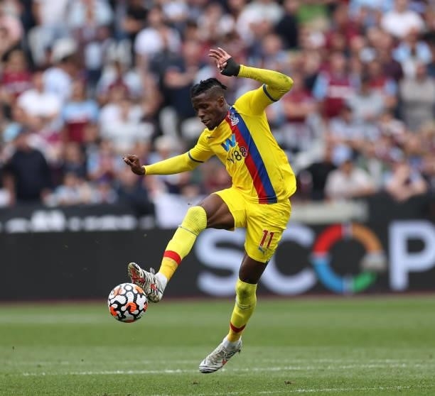 Wilfried Zaha of Crystal Palace during the Premier League match between West Ham United and Crystal Palace at London Stadium on August 28, 2021 in...