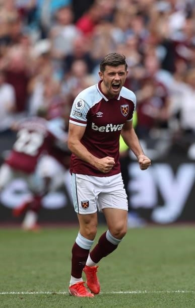 Aaron Cresswell of West Ham United reacts during the Premier League match between West Ham United and Crystal Palace at London Stadium on August 28,...