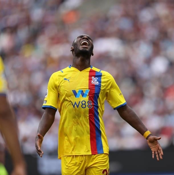 Christian Benteke of Crystal Palace reactsl during the Premier League match between West Ham United and Crystal Palace at London Stadium on August...