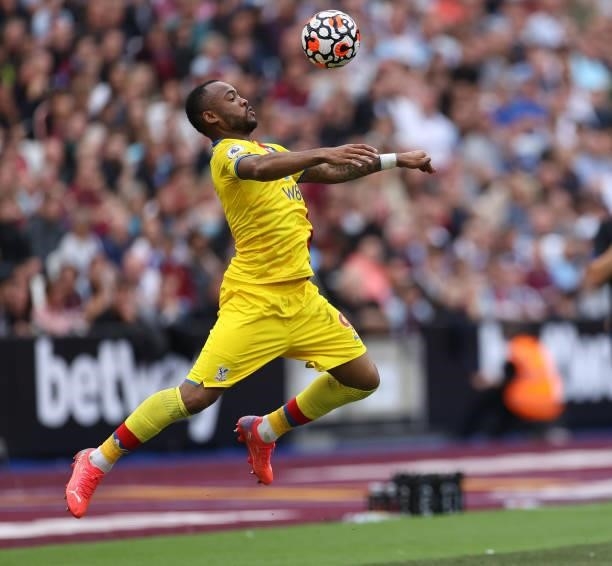 Jordan Ayew of Crystal Palace in action during the Premier League match between West Ham United and Crystal Palace at London Stadium on August 28,...