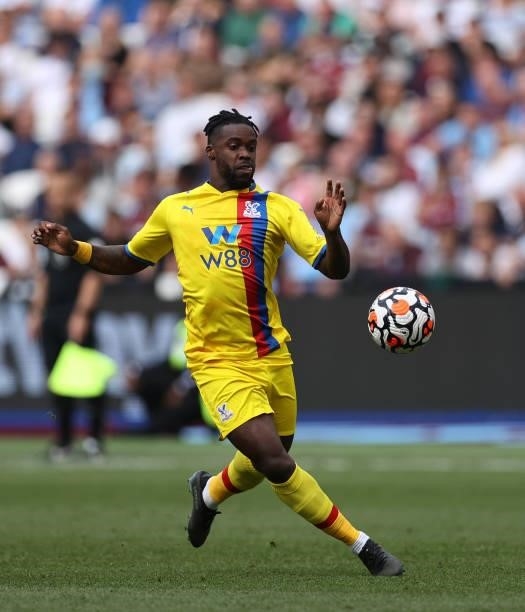 Jeffrey Schlupp of Crystal Palace during the Premier League match between West Ham United and Crystal Palace at London Stadium on August 28, 2021 in...