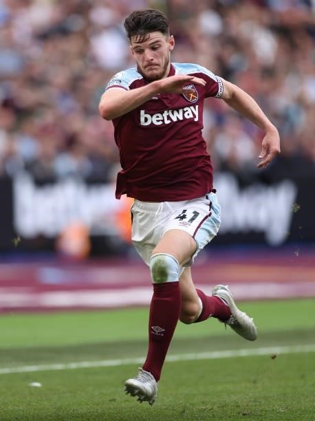 Declan Rice of West Ham United during the Premier League match between West Ham United and Crystal Palace at London Stadium on August 28, 2021 in...