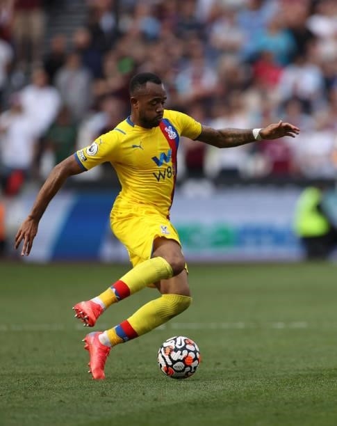 Jordan Ayew of Crystal Palace in action during the Premier League match between West Ham United and Crystal Palace at London Stadium on August 28,...