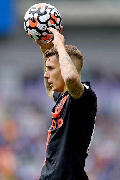 Lucas Digne of Everton during the Premier League match between Brighton & Hove Albion and Everton at American Express Community Stadium on August 28,...