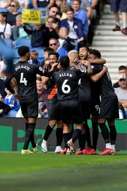 During the Premier League match between Brighton & Hove Albion and Everton at American Express Community Stadium on August 28, 2021 in Brighton,...