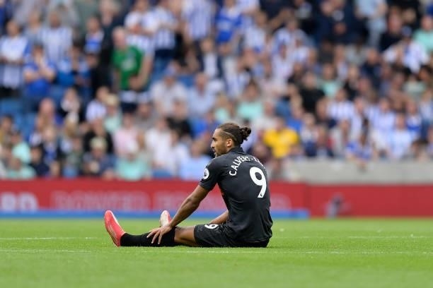 Dominic Calvert-Lewin goes down with an injury of Everton during the Premier League match between Brighton & Hove Albion and Everton at American...
