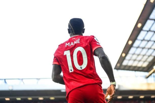Sadio Mane of Liverpool in action during the Premier League match between Liverpool and Chelsea at Anfield on August 28, 2021 in Liverpool, England.