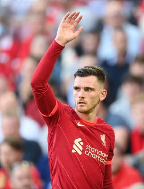 Andrew Robertson of Liverpool in action during the Premier League match between Liverpool and Chelsea at Anfield on August 28, 2021 in Liverpool,...