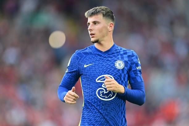Mason Mount of Chelsea in action during the Premier League match between Liverpool and Chelsea at Anfield on August 28, 2021 in Liverpool, England.