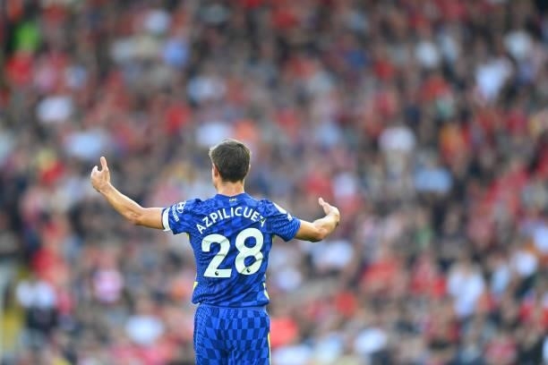 Cesar Azpilicueta of Chelsea in action during the Premier League match between Liverpool and Chelsea at Anfield on August 28, 2021 in Liverpool,...
