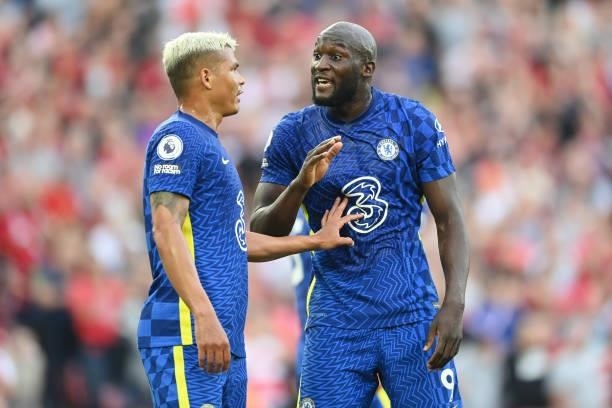 Thiago Silva and Romelu Lukaku of Chelsea look on during the Premier League match between Liverpool and Chelsea at Anfield on August 28, 2021 in...