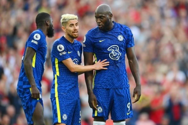 Jorginho and Romelu Lukaku of Chelsea look on during the Premier League match between Liverpool and Chelsea at Anfield on August 28, 2021 in...