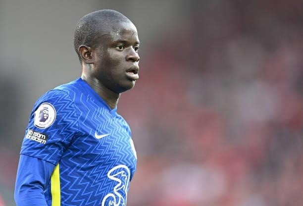 Ngolo Kante of Chelsea in action during the Premier League match between Liverpool and Chelsea at Anfield on August 28, 2021 in Liverpool, England.