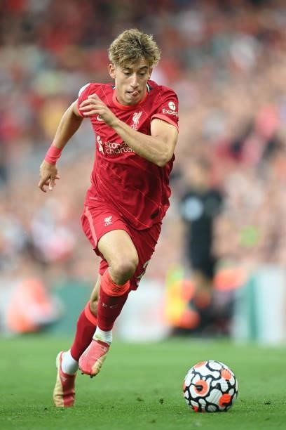 Kostas Tsimikas of Liverpool in action during the Premier League match between Liverpool and Chelsea at Anfield on August 28, 2021 in Liverpool,...