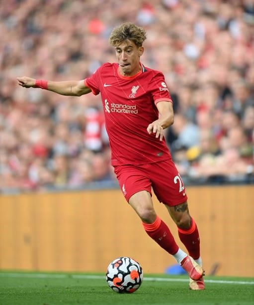Kostas Tsimikas of Liverpool in action during the Premier League match between Liverpool and Chelsea at Anfield on August 28, 2021 in Liverpool,...