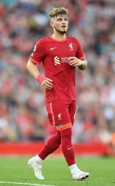 Harvey Elliott of Liverpool in action during the Premier League match between Liverpool and Chelsea at Anfield on August 28, 2021 in Liverpool,...