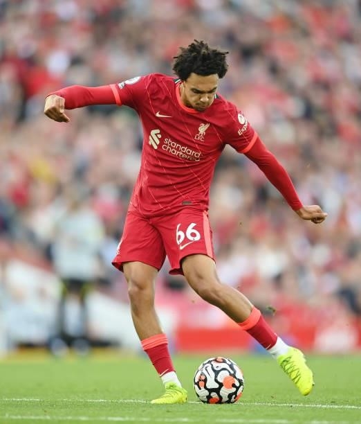 Trent Alexander-Arnold of Liverpool in action during the Premier League match between Liverpool and Chelsea at Anfield on August 28, 2021 in...