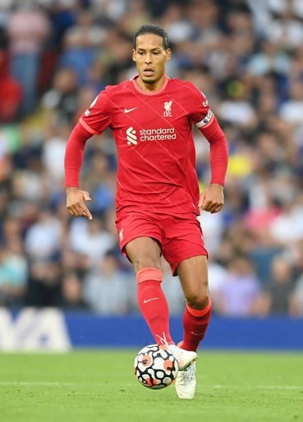 Virgil van Dijk of Liverpool in action during the Premier League match between Liverpool and Chelsea at Anfield on August 28, 2021 in Liverpool,...