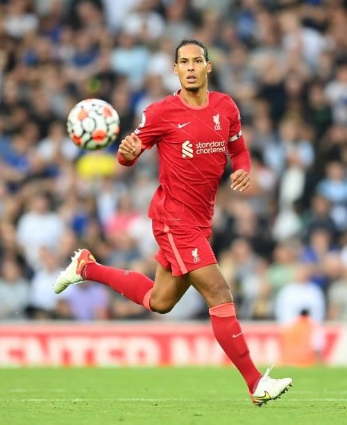 Virgil van Dijk of Liverpool in action during the Premier League match between Liverpool and Chelsea at Anfield on August 28, 2021 in Liverpool,...