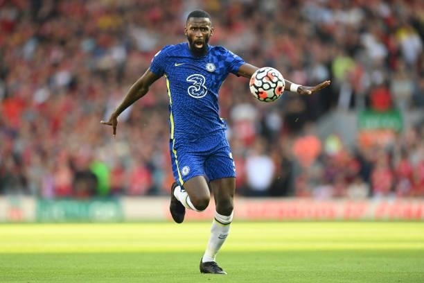 Antonio Rudiger of Chelses a in action during the Premier League match between Liverpool and Chelsea at Anfield on August 28, 2021 in Liverpool,...