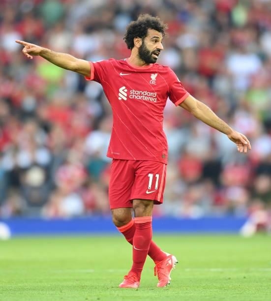 Mohamed Salah of Liverpool in action during the Premier League match between Liverpool and Chelsea at Anfield on August 28, 2021 in Liverpool,...