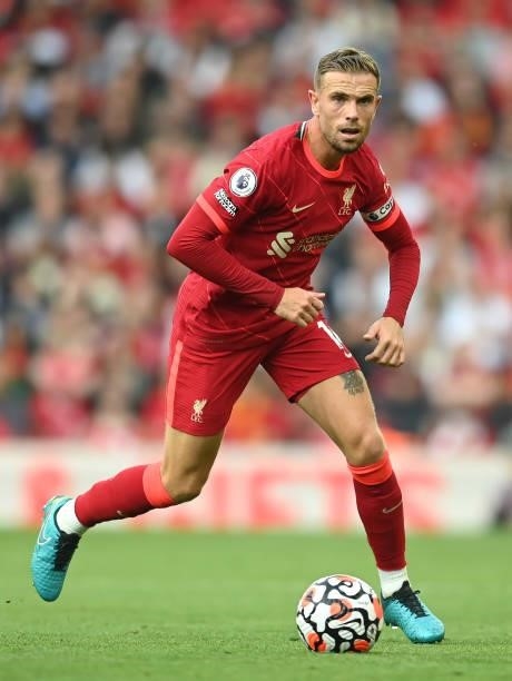 Jordan Henderson of Liverpool in action during the Premier League match between Liverpool and Chelsea at Anfield on August 28, 2021 in Liverpool,...