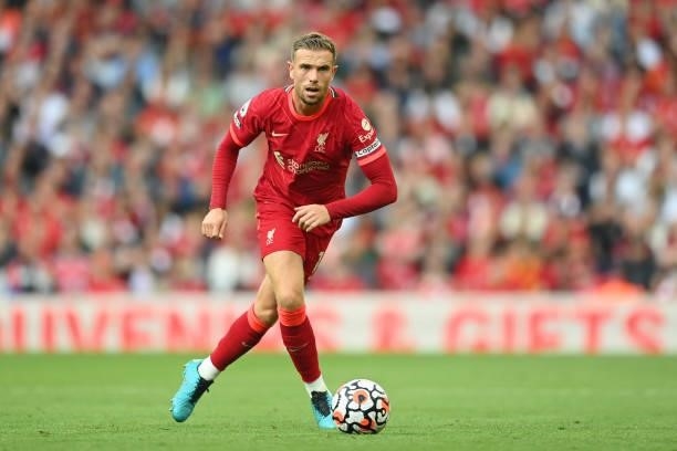 Jordan Henderson of Liverpool in action during the Premier League match between Liverpool and Chelsea at Anfield on August 28, 2021 in Liverpool,...
