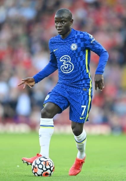 Ngolo Kante of Liverppol of Liverpool in action during the Premier League match between Liverpool and Chelsea at Anfield on August 28, 2021 in...