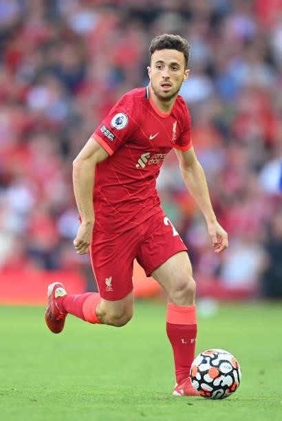 Diogo Jota of Liverpool in action during the Premier League match between Liverpool and Chelsea at Anfield on August 28, 2021 in Liverpool, England.