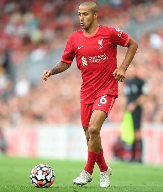 Thiago of Liverpool in action during the Premier League match between Liverpool and Chelsea at Anfield on August 28, 2021 in Liverpool, England.