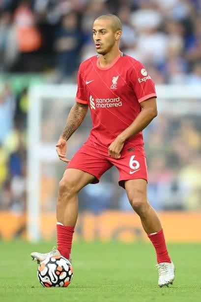 Thiago of Liverpool in action during the Premier League match between Liverpool and Chelsea at Anfield on August 28, 2021 in Liverpool, England.