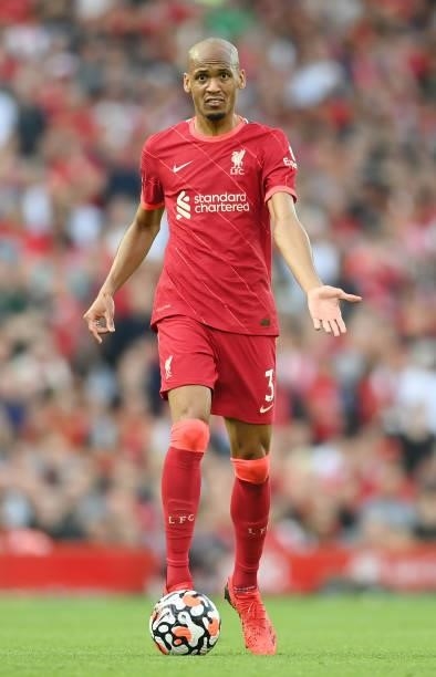Joel Matip of Liverpool in action during the Premier League match between Liverpool and Chelsea at Anfield on August 28, 2021 in Liverpool, England.